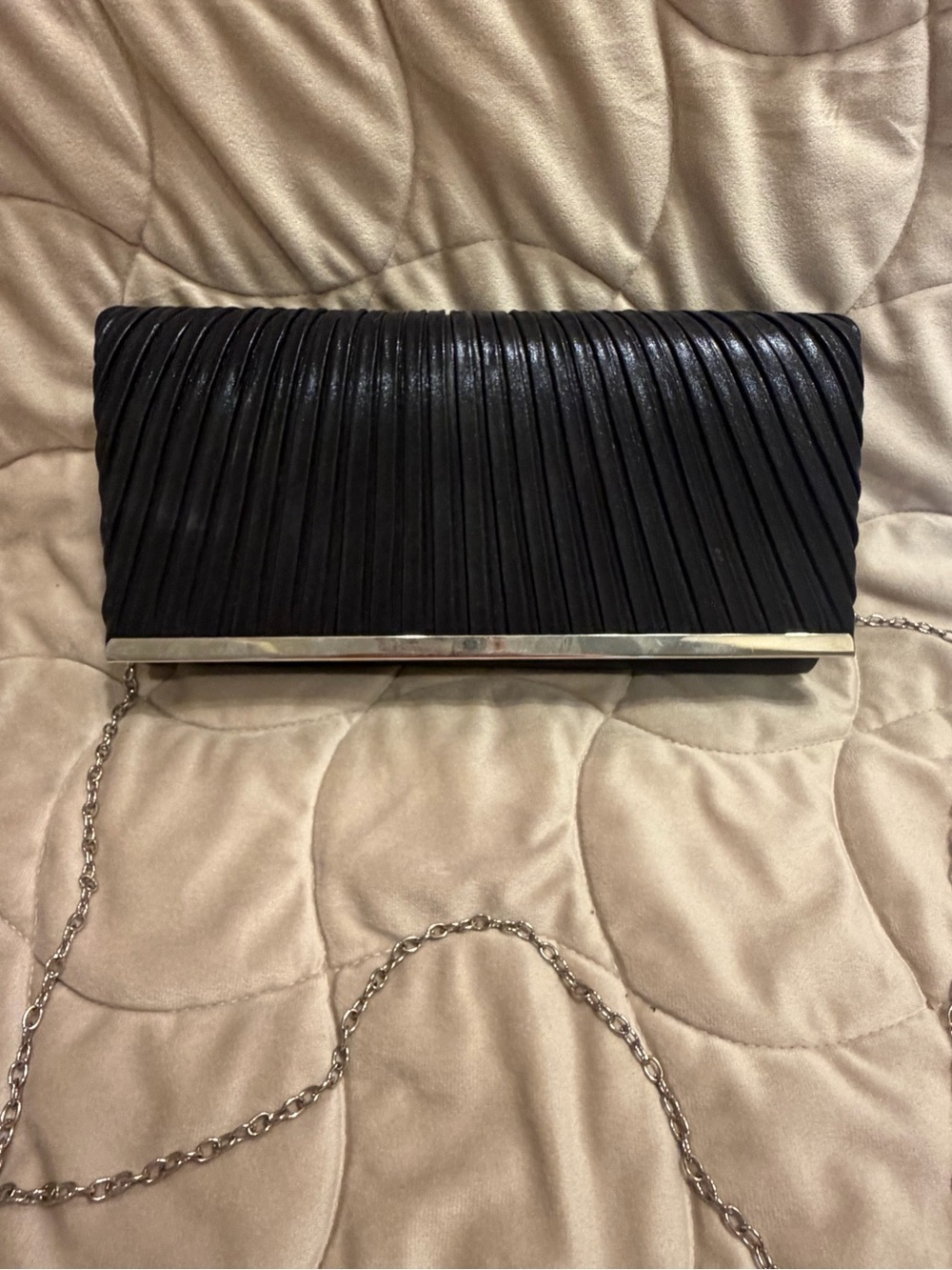Source Unknown Black Pleated Evening Clutch with Silver Trim